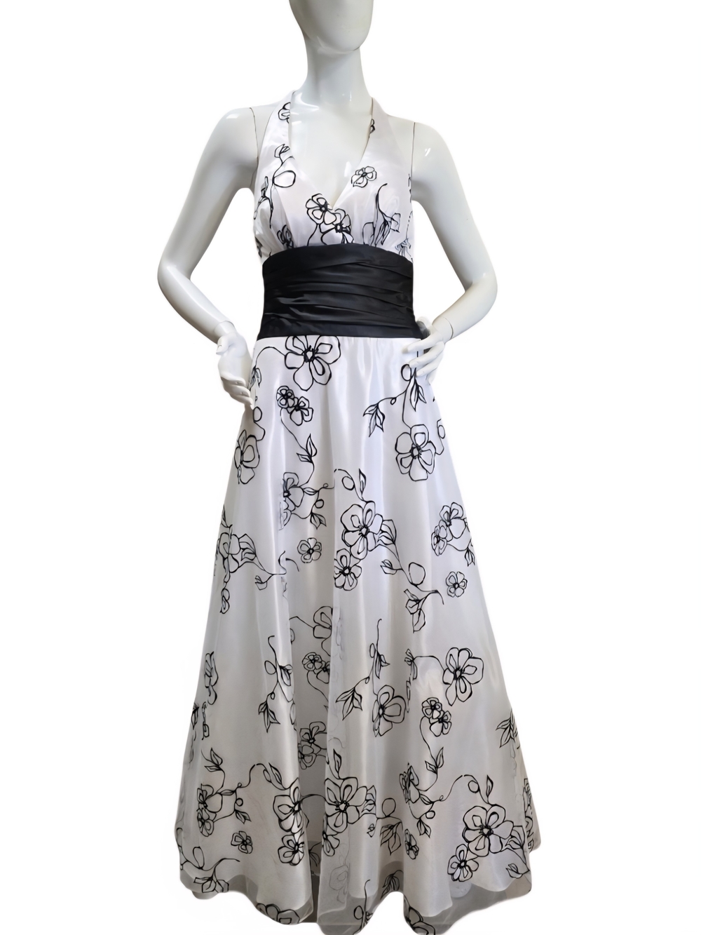 Blondie Nites White Halter Gown with Black Floral Print and Sash Sz 3